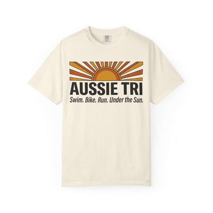 Aussie Tri Sunset T-Shirt — Swim. Bike. Run. Under the Sun.