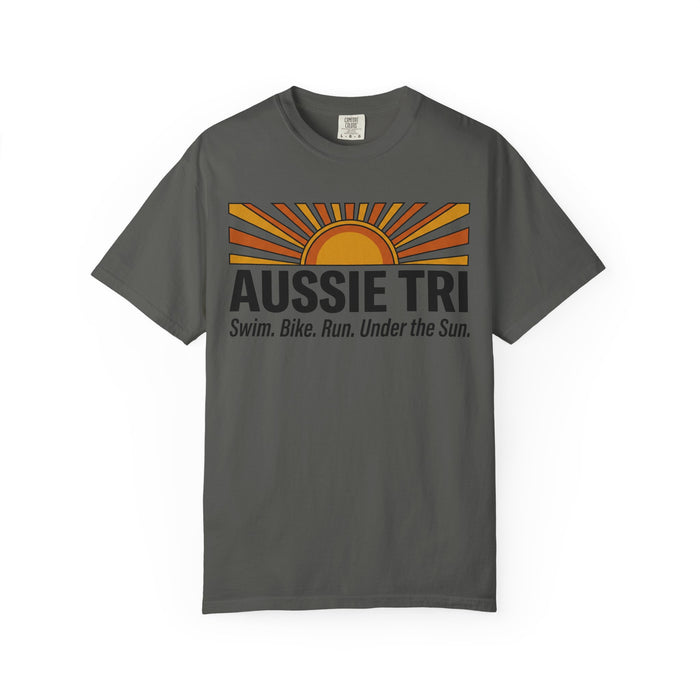 Aussie Tri Sunset T-Shirt — Swim. Bike. Run. Under the Sun.