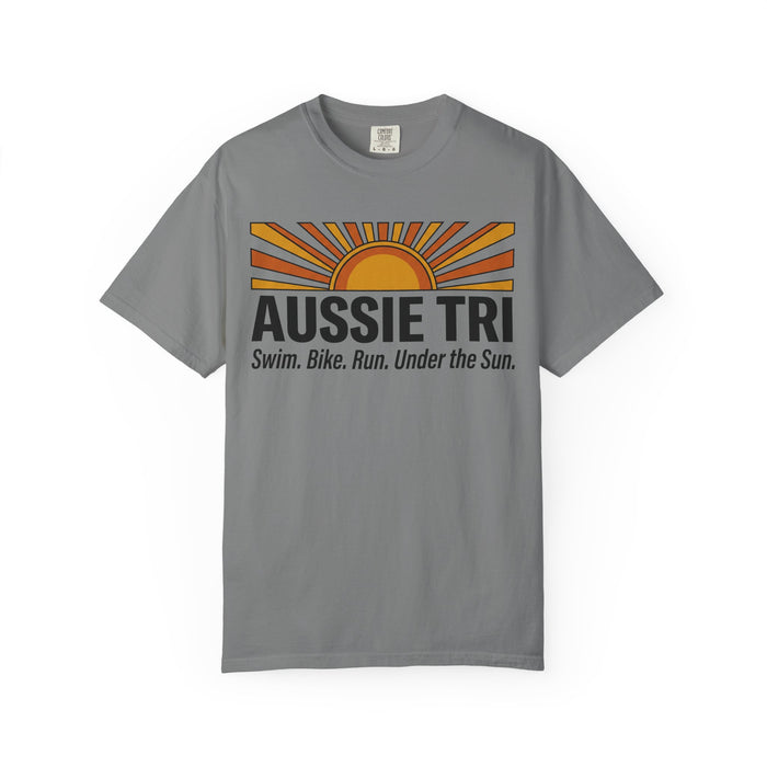 Aussie Tri Sunset T-Shirt — Swim. Bike. Run. Under the Sun.