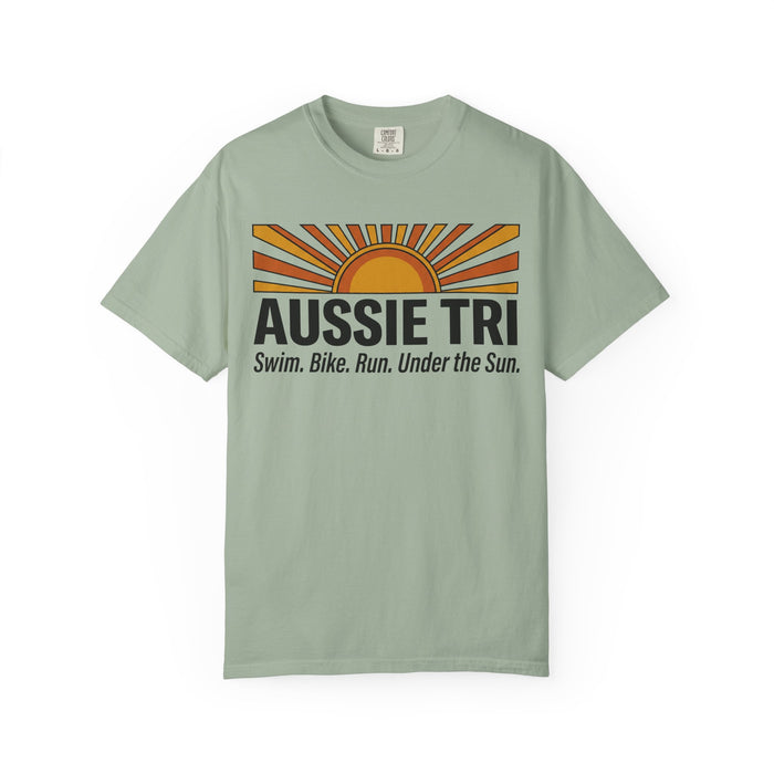 Aussie Tri Sunset T-Shirt — Swim. Bike. Run. Under the Sun.