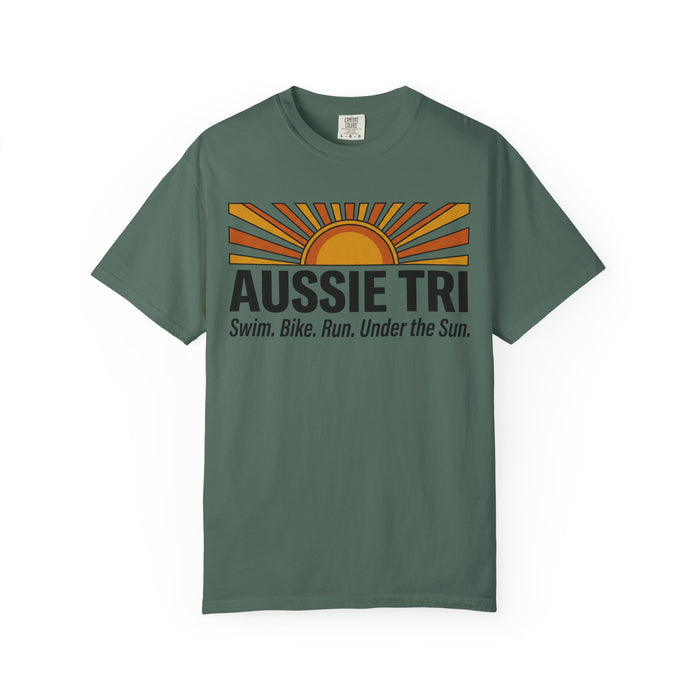 Aussie Tri Sunset T-Shirt — Swim. Bike. Run. Under the Sun.