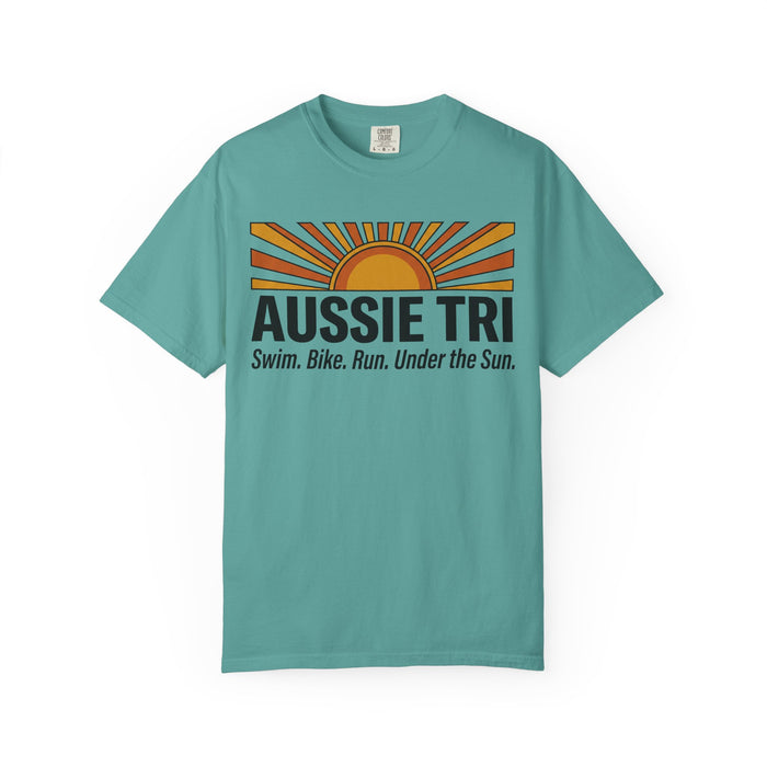 Aussie Tri Sunset T-Shirt — Swim. Bike. Run. Under the Sun.