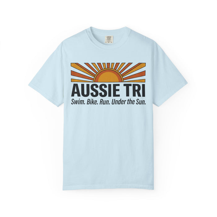 Aussie Tri Sunset T-Shirt — Swim. Bike. Run. Under the Sun.