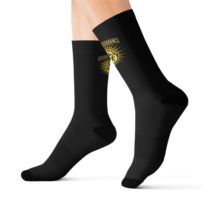 Black Sublimation Crew Socks with Gold Sun & Moon Emblem — Astrological/Boho Gift