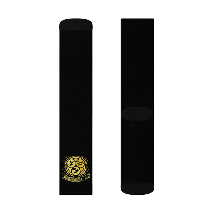 Black Sublimation Crew Socks with Gold Sun & Moon Emblem — Astrological/Boho Gift