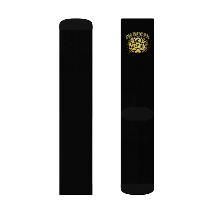 Black Sublimation Crew Socks with Gold Sun & Moon Emblem — Astrological/Boho Gift