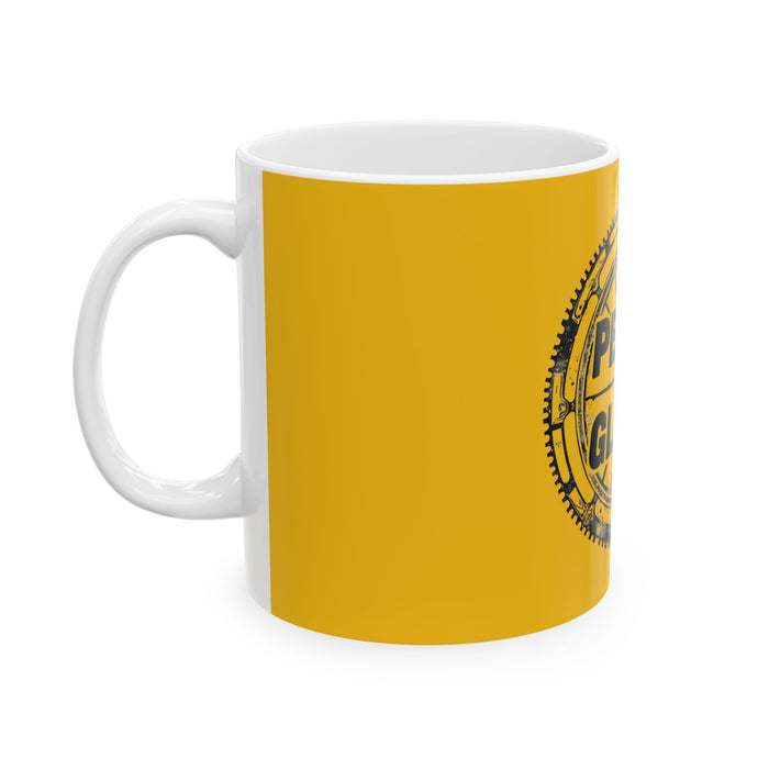 Ceramic Cycling Mug - Glossy Yellow Pedal To Glory Cog - detail view