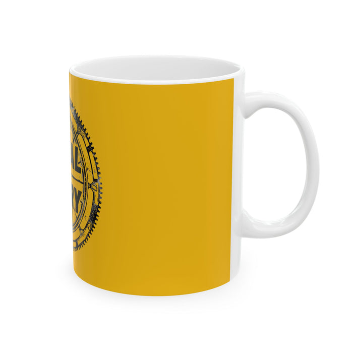 Ceramic Cycling Mug - Glossy Yellow Pedal To Glory Cog - lifestyle view