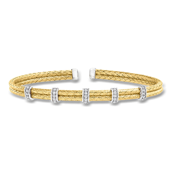 Two-row cuff bracelet with braided gold-tone finish and silver CZ station accents