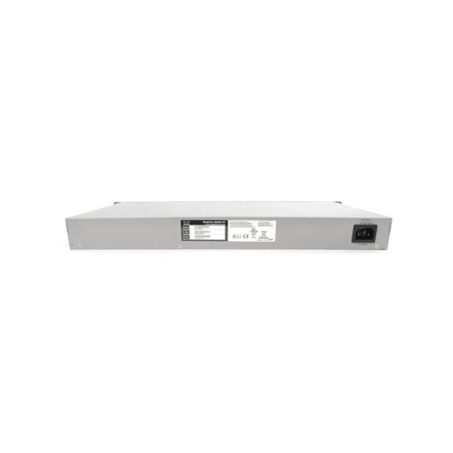 The image shows the back of a refurbished Cisco SF500-24P-K9 24-port GBe + 2 SFP Uplink PoE Switch by Cisco, featuring a gray case, central labels, power input on the right, all set against a plain white background.