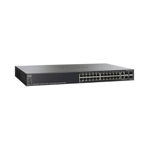The Cisco SF500-24P-K9 is a refurbished 24-port GBe PoE switch with 2 SFP uplinks, black rack-mountable design, and indicator lights above each port on the rectangular front panel. Brand: Cisco.