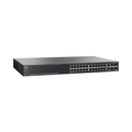 The Cisco SF500-24P-K9 is a refurbished 24-port GBe PoE switch with 2 SFP uplinks, black rack-mountable design, and indicator lights above each port on the rectangular front panel. Brand: Cisco.