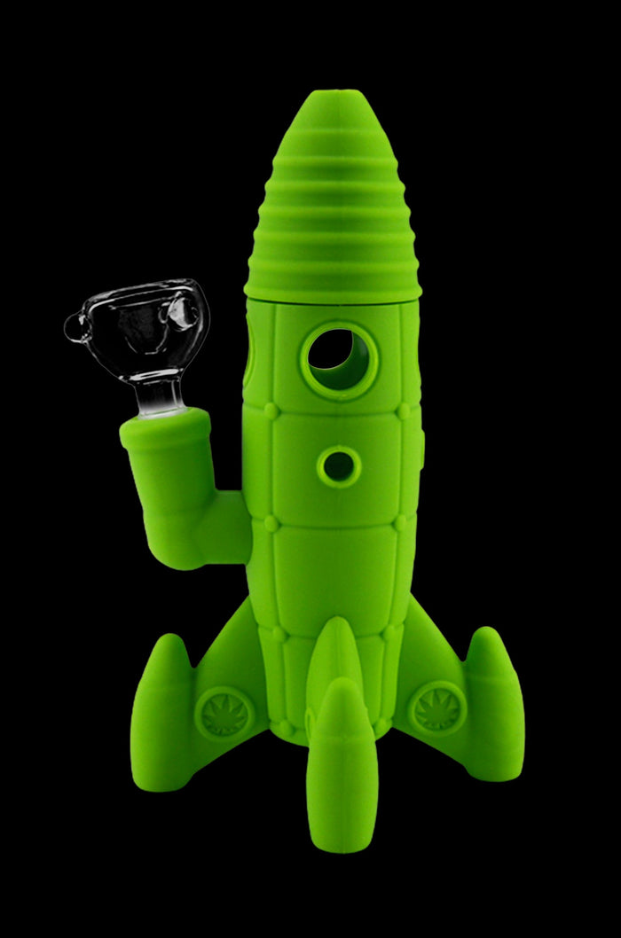 Green silicone rocket ship-shaped water pipe with a glass bowl.