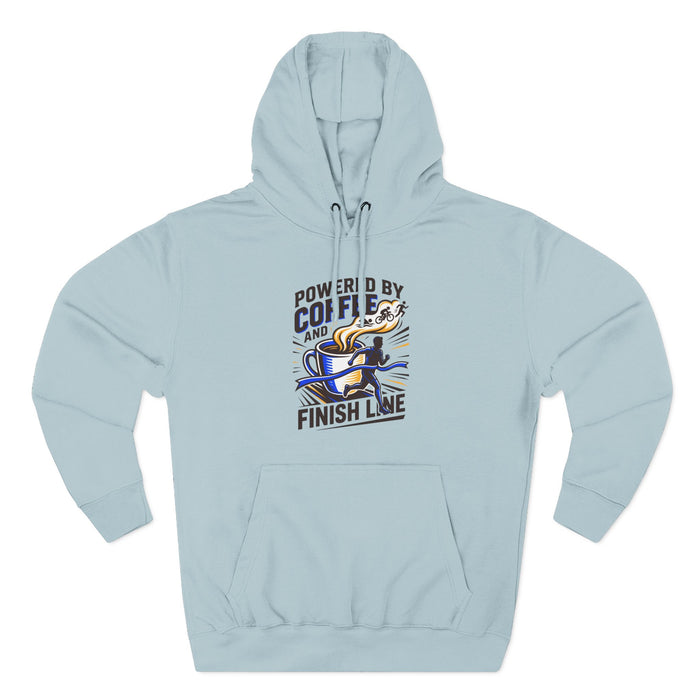 Coffee & Finish Line Hoodie — "Powered by Coffee and Cross the Finish Line" Running Hoodie
