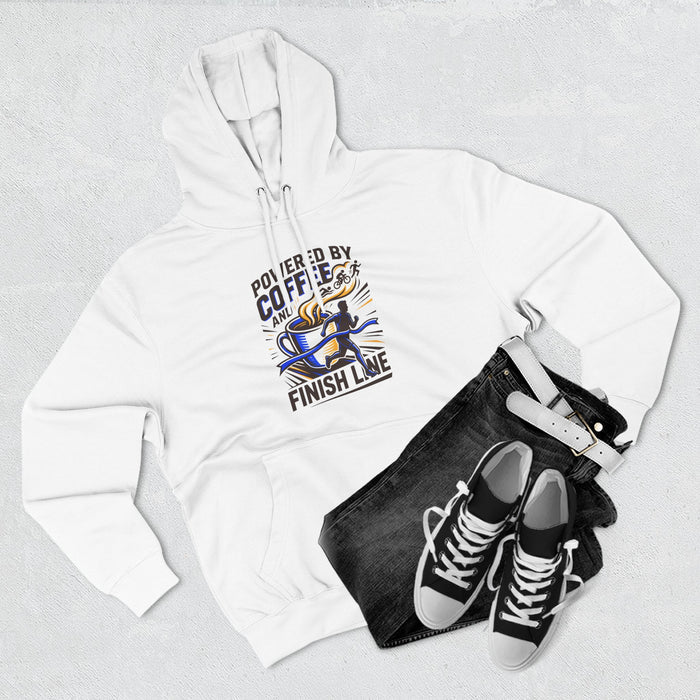 Coffee & Finish Line Hoodie — "Powered by Coffee and Cross the Finish Line" Running Hoodie