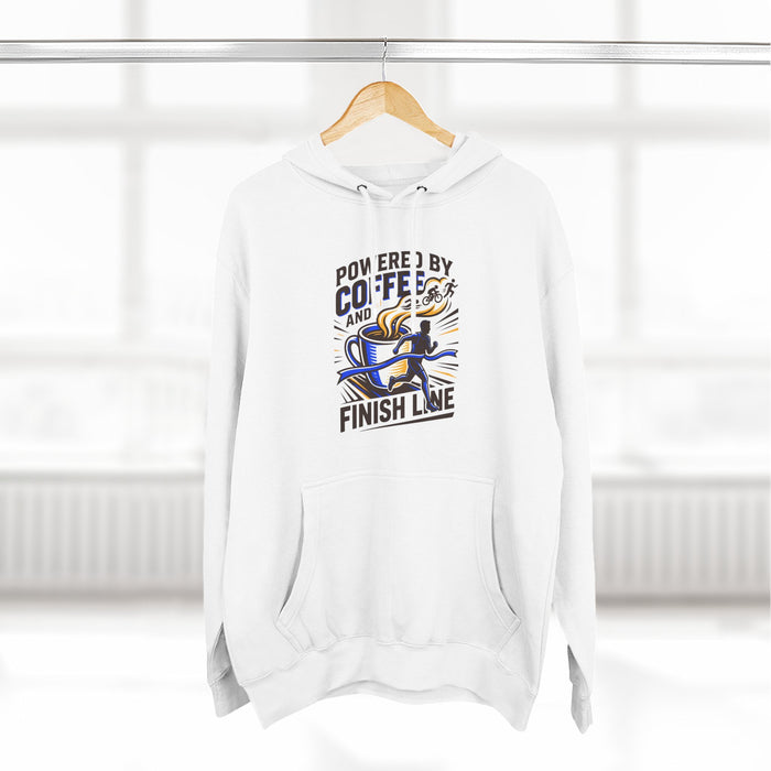 Coffee & Finish Line Hoodie — "Powered by Coffee and Cross the Finish Line" Running Hoodie