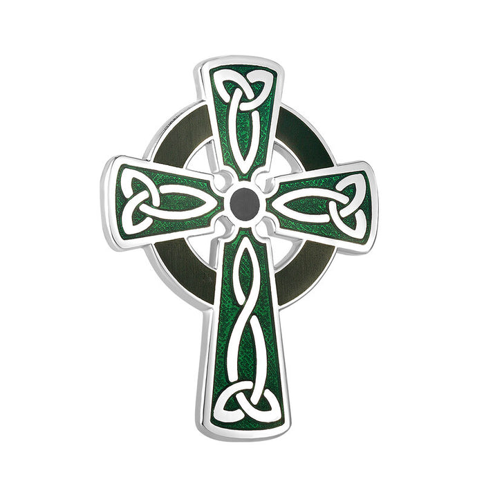 Cross Brooch with Green Enamel