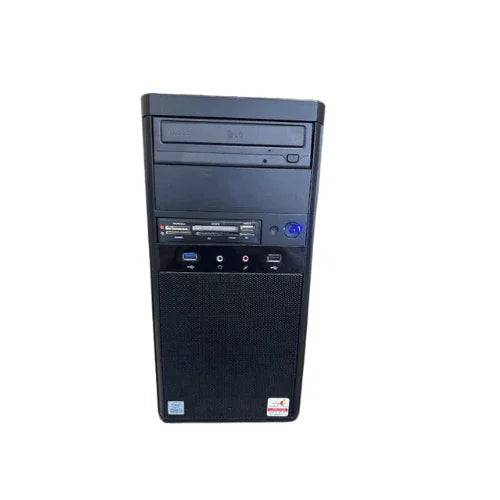 The CoolerMaster Custom Tower i5 10400 2.9GHz desktop features 16GB RAM, 500GB SSD, GT710 graphics, USB ports, audio jacks, DVD drive, and front ventilation grill. Refurbished and photographed against a white background.