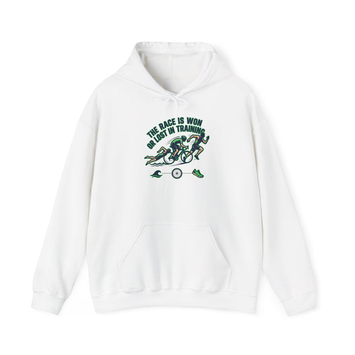 Cycling Hoodie — "The Race Is Won In Training" Motivational Bike Trainer Sweatshirt