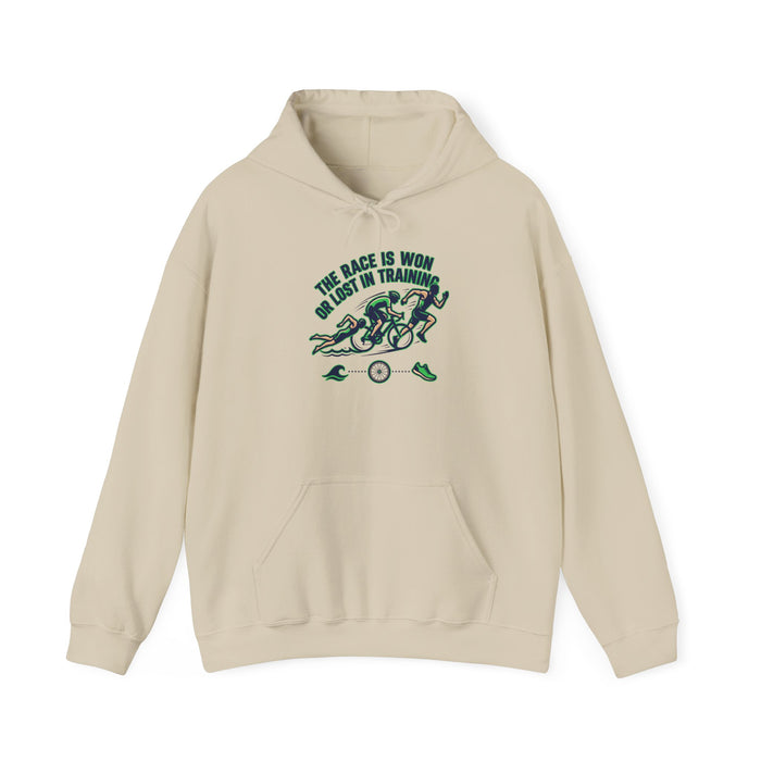 Cycling Hoodie — "The Race Is Won In Training" Motivational Bike Trainer Sweatshirt