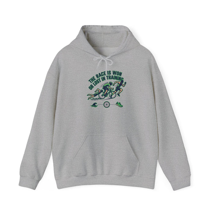 Cycling Hoodie — "The Race Is Won In Training" Motivational Bike Trainer Sweatshirt