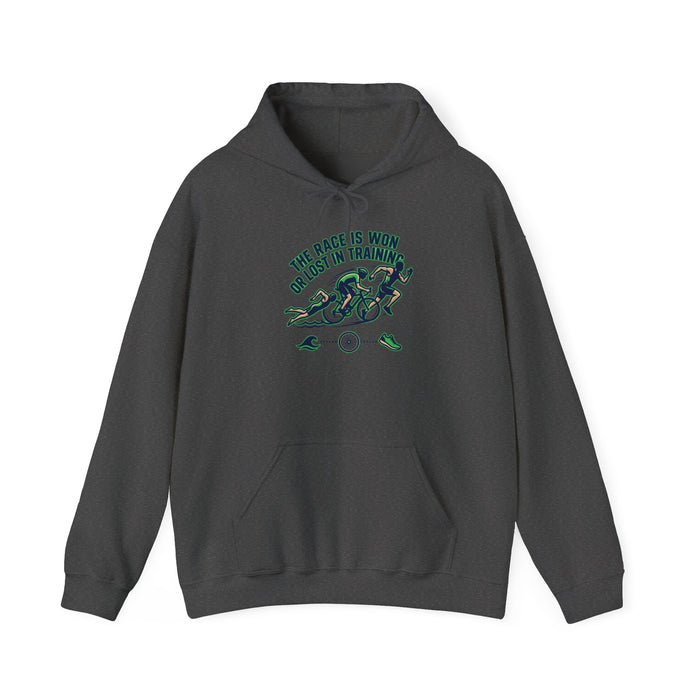 Cycling Hoodie — "The Race Is Won In Training" Motivational Bike Trainer Sweatshirt