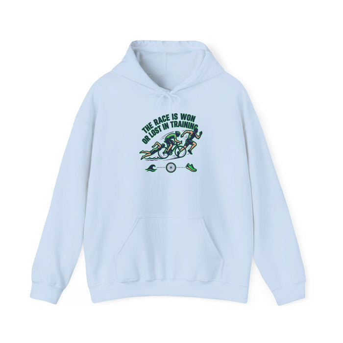 Cycling Hoodie — "The Race Is Won In Training" Motivational Bike Trainer Sweatshirt