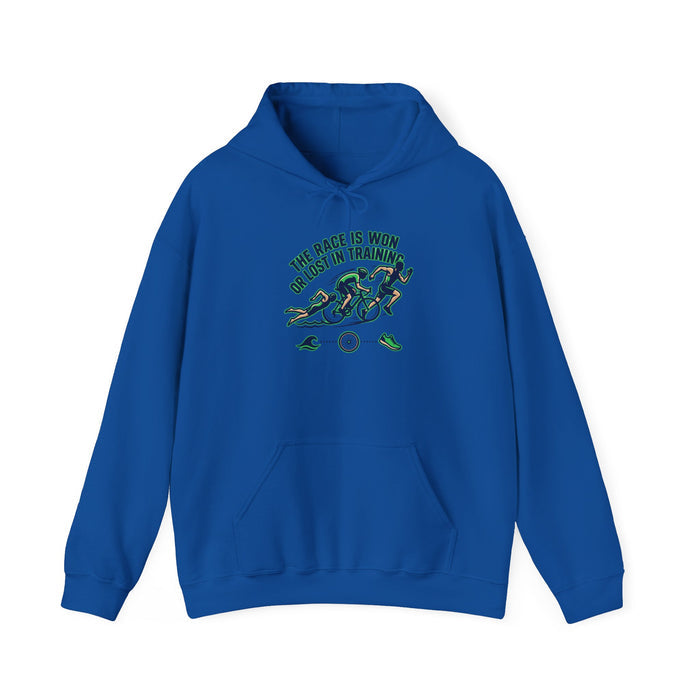 Cycling Hoodie — "The Race Is Won In Training" Motivational Bike Trainer Sweatshirt