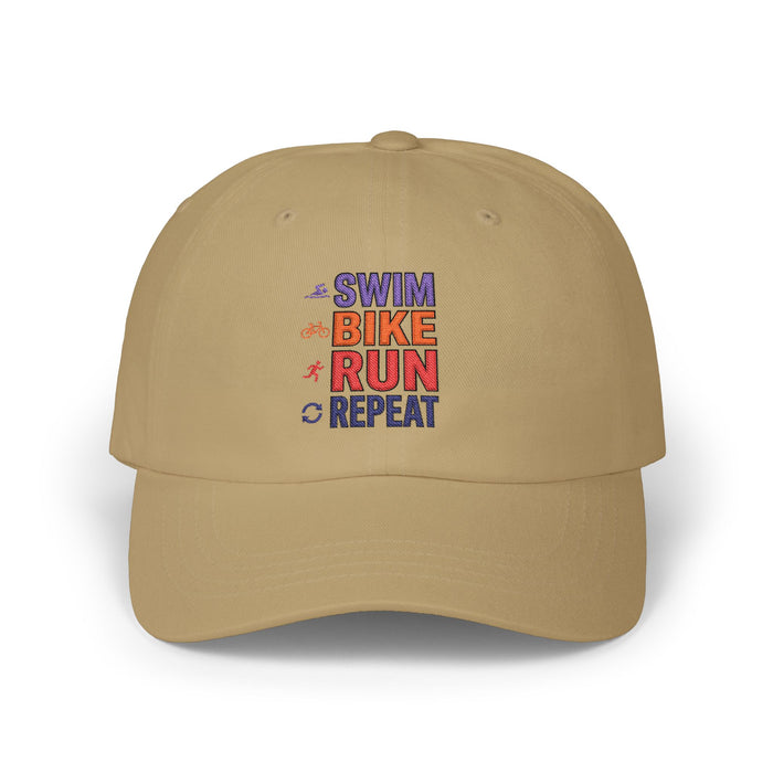 Dad Cap — "Swim Bike Run Repeat" Triathlon Embroidered Hat
