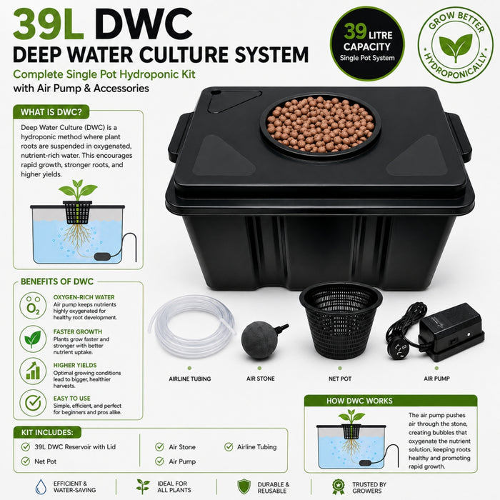Deep Water Culture (DWC) Single Pot Hydroponic System With Air Pump - 39L