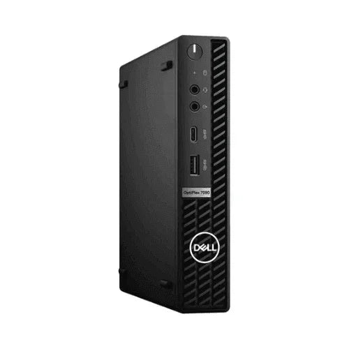 A black refurbished Dell OptiPlex 7090 USDT desktop with Intel Core i5-11500T, 16GB RAM, 512GB storage, and Windows 11 Pro; shown vertically with visible front ports and vented panel.