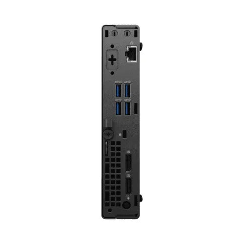 The image shows the rear view of a Dell OptiPlex 7090 USDT, displaying USB, Ethernet, HDMI, DisplayPort, ventilation grill, and power ports. Powered by an Intel Core i5-11500T, 16GB RAM, 512GB SSD—set against a white background.