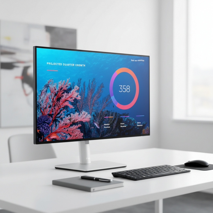 A Dell UltraSharp 24" U2422H FHD IPS Monitor by Dell sits on a white desk, displaying a vibrant data visualization with a large circular chart and the number 358. Nearby are a keyboard, mouse, and notebook with pen; the office background is blurred.