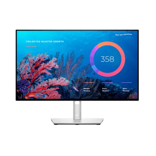 A Dell UltraSharp 24" U2422H FHD IPS monitor (Black) displays a vibrant digital dashboard with a coral reef background and a circular graph marked '358,' featuring slim bezels, silver stand, and integrated USB-C hub.