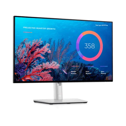 A sleek Dell UltraSharp 24" U2422H FHD IPS monitor by Dell shows vibrant data graphs and underwater coral imagery on its screen, set against a white background.