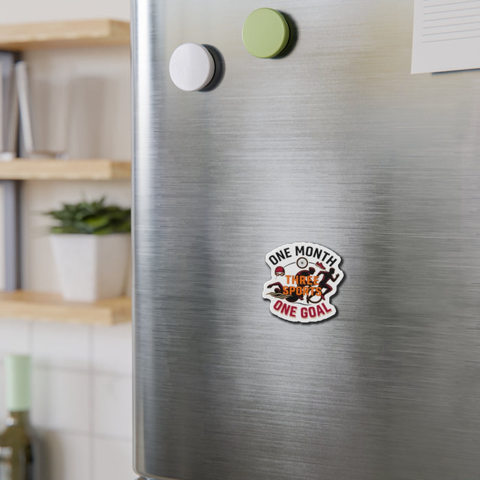 Die-Cut Magnet — "One Month, Three Sports, One Goal" Triathlon Design