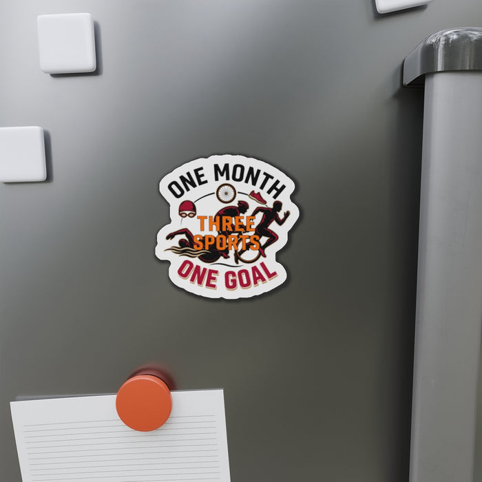 Die-Cut Magnet — "One Month, Three Sports, One Goal" Triathlon Design