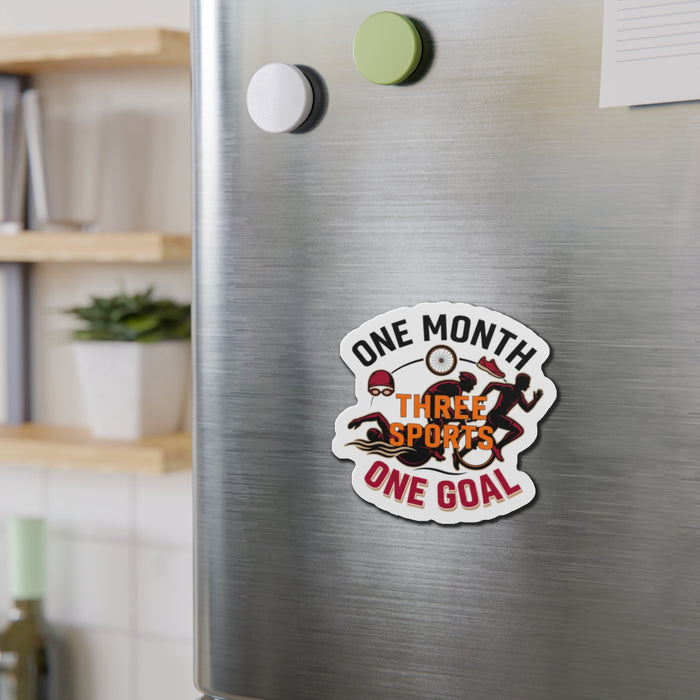 Die-Cut Magnet — "One Month, Three Sports, One Goal" Triathlon Design