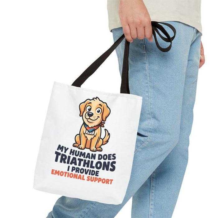 Dog Lover Tote Bag — "My Human Does Triathlons I Provide Emotional Support" Cute Pet Rescue Gift