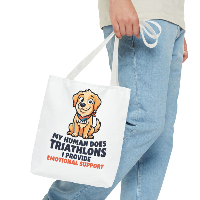 Dog Lover Tote Bag — "My Human Does Triathlons I Provide Emotional Support" Cute Pet Rescue Gift