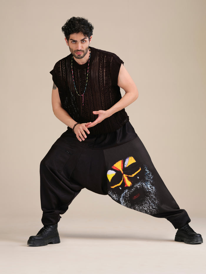 Enimane Aghori Print Men's Black Harem Pants – Back View