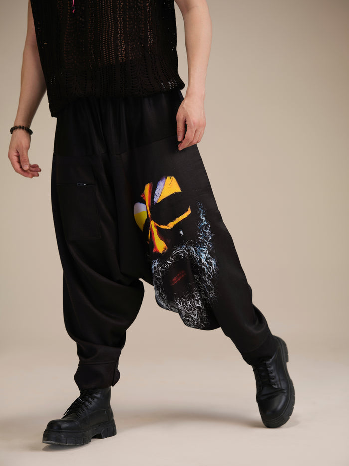 Enimane Aghori Print Men's Black Harem Pants – Front View