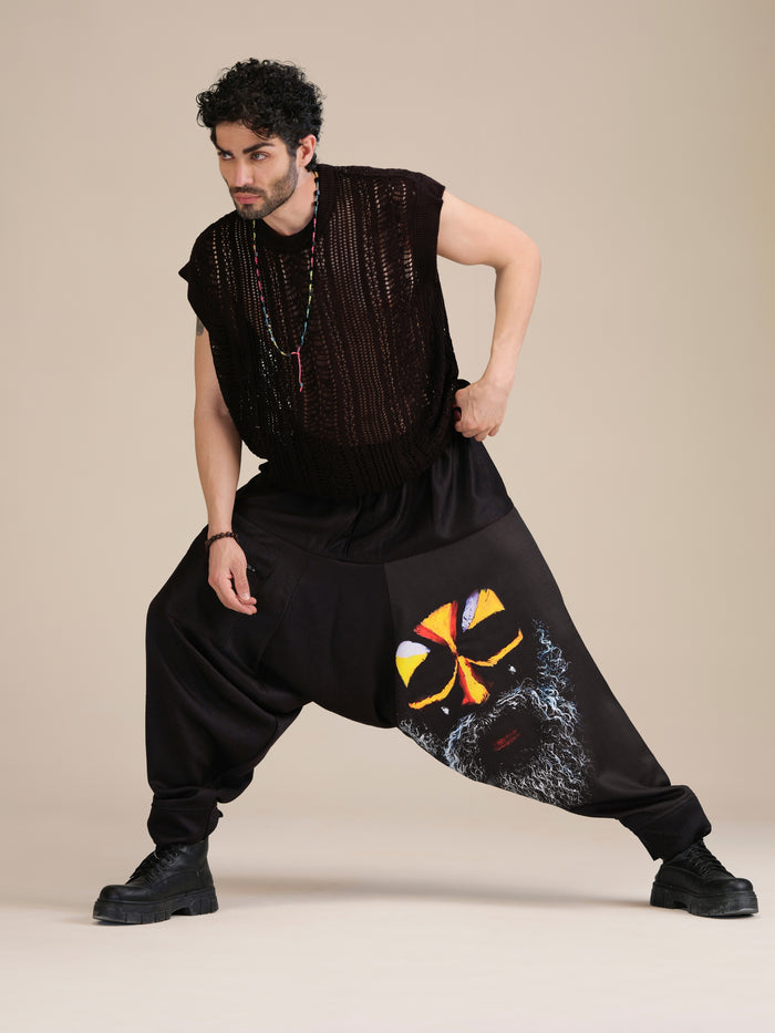 Enimane Aghori Print Men's Black Harem Pants – Close Up Detail