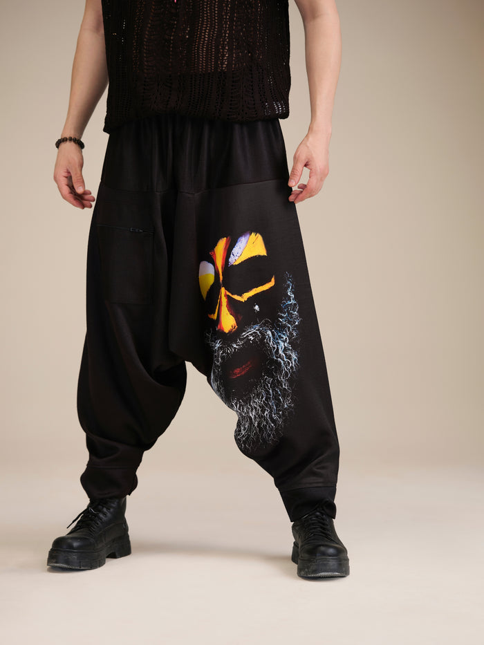 Enimane Aghori Print Men's Black Harem Pants – Side Pose