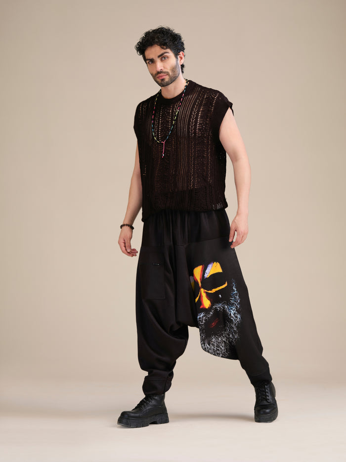 Enimane Aghori Print Black Harem Pants – Standing Front View