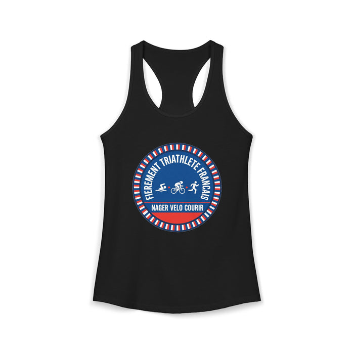 Fièrement Triathlète Français Women's Racerback Tank — Swim Bike Run