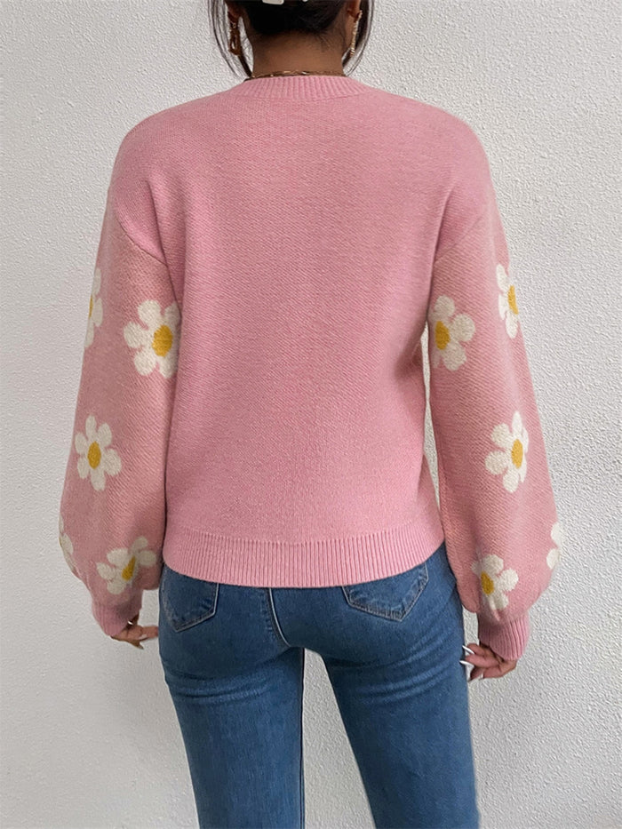 Flower Power Round Neck Latern Sleeve Sweater