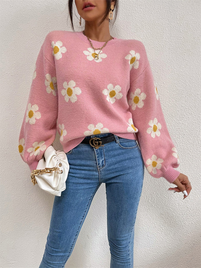 Flower Power Round Neck Latern Sleeve Sweater