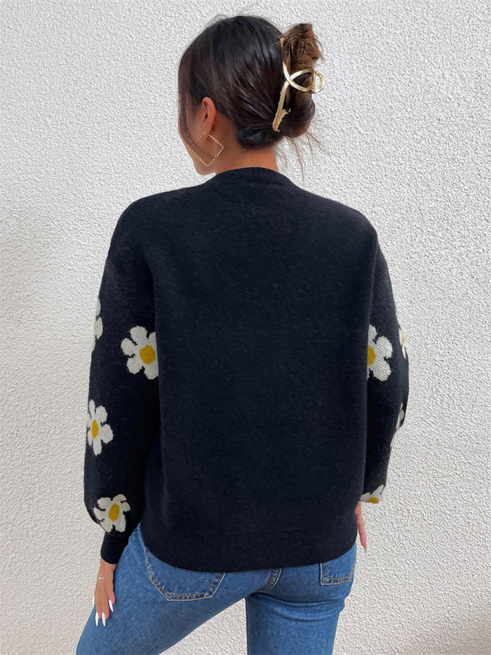 Flower Power Round Neck Latern Sleeve Sweater