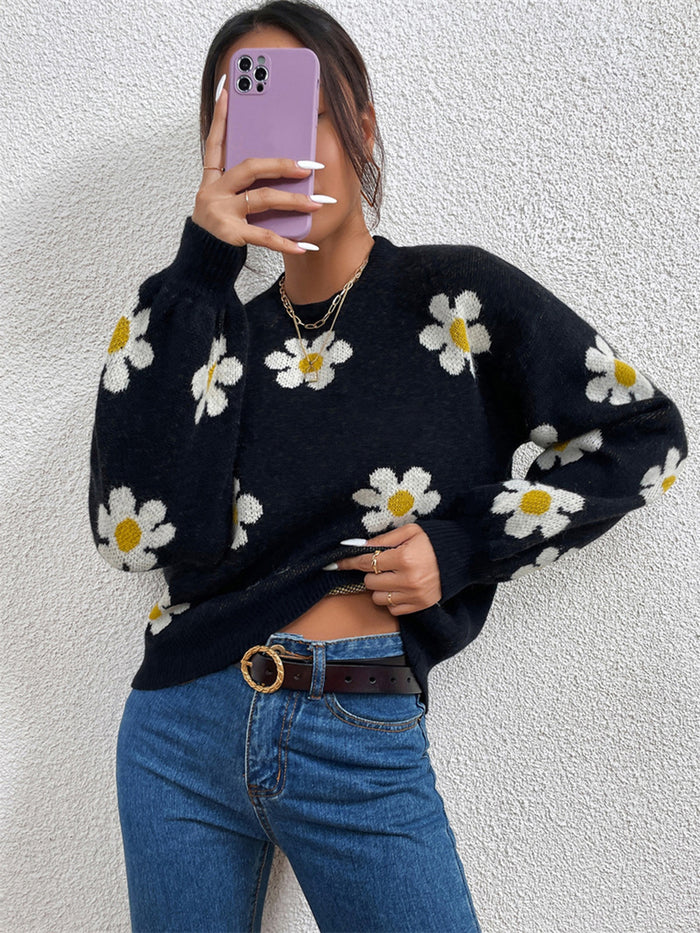 Flower Power Round Neck Latern Sleeve Sweater